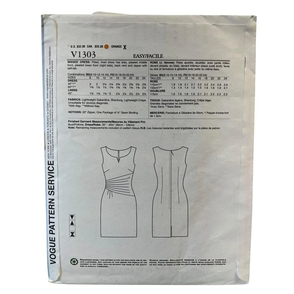 Kay Unger V1303 Sleeveless Dress Pattern Size 8-16 Vogue Designer
